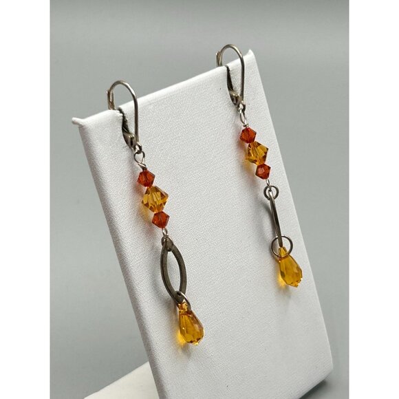 Sterling Silver and Orange Glass Beads Dangles Long Pierced Leverback Closure - Picture 2 of 7